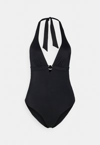 Costum de baie negru, dintr-o singură piesă, cu guler tip halter și decolteu adânc în formă de V. Are un detaliu central în formă de inel argintiu și o textură netedă, mată.