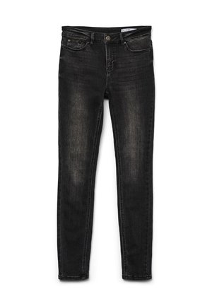 Zwarte denim skinny jeans met een middelhoge taille, klassiek 5-pocket ontwerp, lichte vervaging op de heupen en een metalen knoopsluiting.