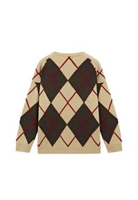 Pull beige en tricot avec un grand motif losange argyle marron foncé et rouge, manches longues, bordures côtelées aux poignets et à l'ourlet, vu de dos.