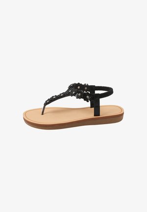 Sort tanga-sandal med blomsterudsmykning og rhinsten, tanfarvet fodseng, brun sål og elastisk ankelrem.