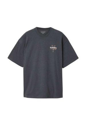 Tumehall puuvillane lühikeste varrukatega T-särk, millel vasakul rinnal väike valge "ALLSAINTS" logo ja värvikas lillemuster.