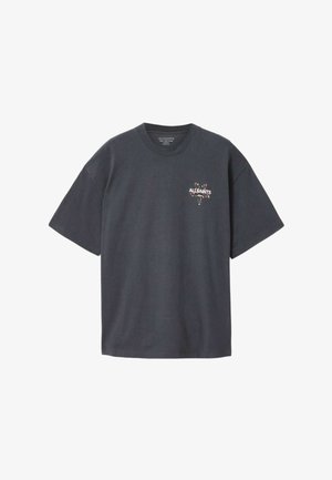 Tumehall puuvillane lühikeste varrukatega T-särk, millel vasakul rinnal väike valge "ALLSAINTS" logo ja värvikas lillemuster.