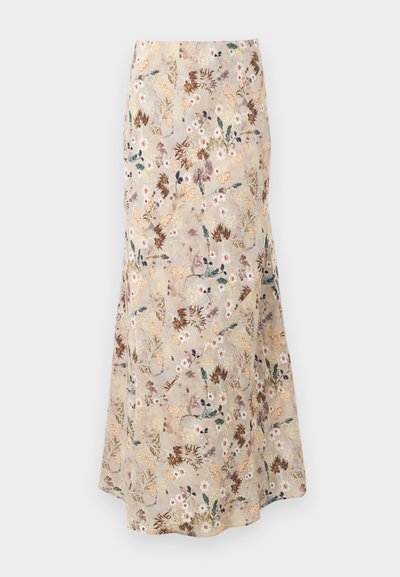 Φούστα με floral σχέδιο σε απαλό, ελαφρύ ύφασμα. Διαθέτει ουδέτερο μπεζ φόντο με πολύχρωμα λουλούδια και φαρδιά γραμμή.