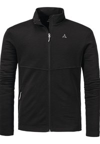 Schwarze Zip-Jacke mit gerippter Textur, hohem Kragen und seitlichen Taschen. Mit einem silbernen Reißverschluss und einem kleinen Logo auf der oberen linken Brust.