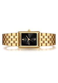 Orologio rettangolare dorato con quadrante nero texturizzato, indicatori delle ore minimi e bracciale in metallo con maglie intrecciate.