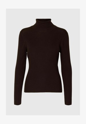 Rebrasta, temnosmerđa turtleneck pulover s dugim rukavima i uskim krojem. Glatka tekstura i visoki ovratnik.