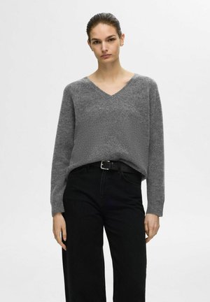 Selected Femme SLFLULU NEW V NECK - Svetr - medium grey melange