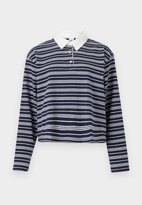 Marineblå og hvite stripete langermet polo skjorte med hvit krage og tre-knapps placket, kort design og myk tekstur.