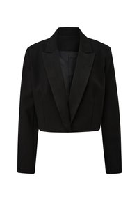 Melna augstuma griezuma žakete ar satīna atloks un garām piedurknēm, parādīta uz balta fona.