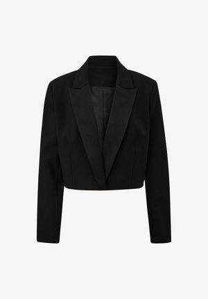 Schwarze kurz geschnittene Blazerjacke mit Satinrevers und langen Ärmeln, auf einem weißen Hintergrund präsentiert.