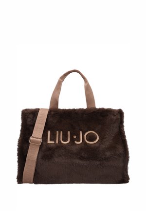 Brown soft faux fur handbag with beige handles and detachable shoulder strap, featuring "LIU·JO" logo on the front.