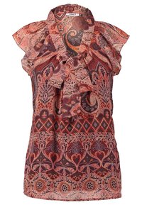 Blusa con volantes en un patrón de paisley naranja y burdeos, con un escote atado y un tejido ligero y fluido. Decorada con diseños intrincados.