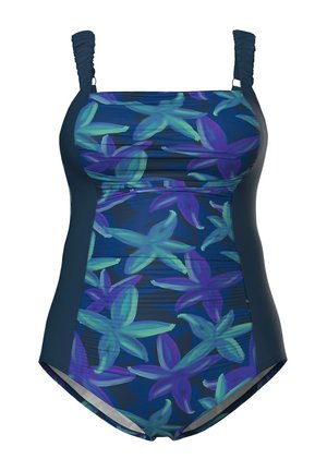 Eendelig badpak met geplooide zijkanten en brede banden, met een blauwe basis en grote zeegroene en paarse zeesterrenpatronen.