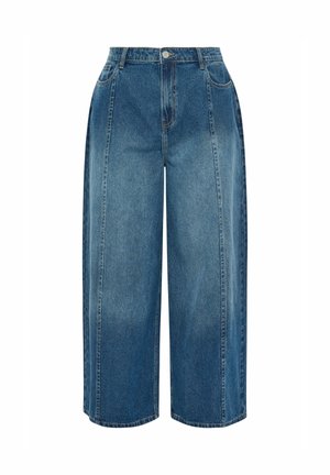 Spodnie dżinsowe damskie w kolorze niebieskim, z wysokim stanem, szerokimi nogawkami i podciętymi dołem, wyposażone w przednie kieszenie, szlufki na pasek oraz zapięcie na guzik.