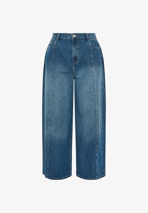 Spodnie dżinsowe damskie w kolorze niebieskim, z wysokim stanem, szerokimi nogawkami i podciętymi dołem, wyposażone w przednie kieszenie, szlufki na pasek oraz zapięcie na guzik.