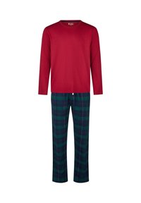 Rode langärmelige shirt gecombineerd met groen en marineblauw geruite broek. De stof is glad; het shirt heeft een ronde hals en een eenvoudig ontwerp.