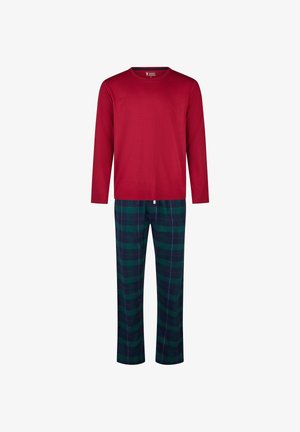 Chemise rouge à manches longues assortie à un pantalon à carreaux verts et marins. Le tissu est lisse ; la chemise a un col rond et un design simple.