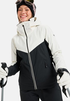 Black and white ski jacket with a hood, zippered pockets, and logo detailing. Features long sleeves and a fitted design.
