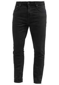 Jean noir slim avec fermeture à bouton et zip à l'avant, poches avant et arrière, présenté sur un fond blanc.