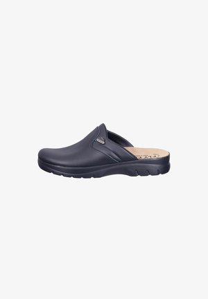 Schwarzer Slip-on-Clog mit gepolsterter Sohle, geschlossenem Zehenbereich und leichtem Absatz, gestaltet für Komfort und den lässigen Gebrauch.