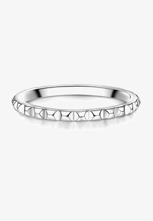 Silver band ring featuring a textured design with alternating circular and conical elements along the outer edge, smooth interior.