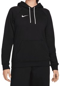 Sweat à capuche noir avec une poche avant, des cordons blancs et un logo Nike blanc sur la poitrine. Tissu doux avec une coupe décontractée.