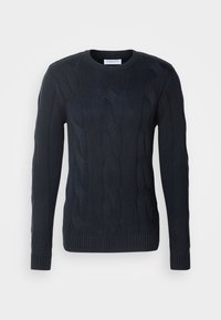 Pull à manches longues en maille torsadée bleu marine avec encolure ronde et poignets et ourlet côtelés.