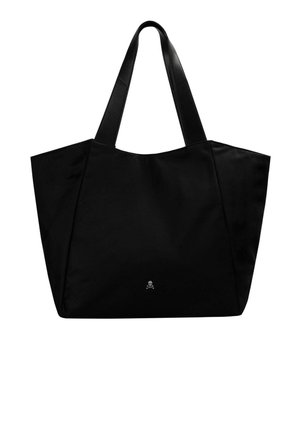 Bolso tote negro con asas anchas y un pequeño logo blanco de calavera y huesos cruzados centrado cerca de la parte inferior.