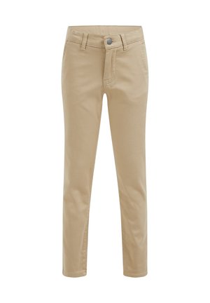 Beige slim-fit bukser med foran knap- og lynlås lukning, bæltestropper og sidelommer, vist mod en hvid baggrund.