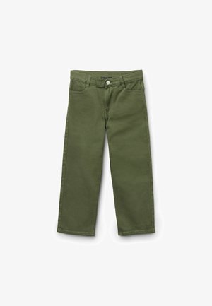 Olivgrüne Jeans aus Baumwollmischung, mit schmalem Bund, geradem Schnitt und fünf Taschen sowie einer Metallknopfverschluss.