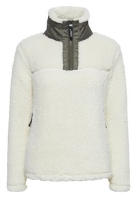 Crèmekleurige fleece-pullover met een hoge kraag, rits aan de voorkant en contrasterend olijfgroen paneel. Gekenmerkt door een gestructureerde, zachte stof en zijzakken.