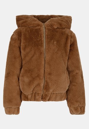 Veste à capuche en fausse fourrure marron pelucheuse avec fermeture éclair avant et poignets et ourlet élastiqués.