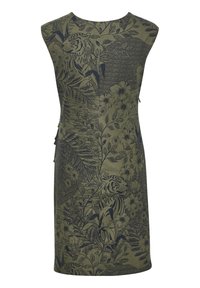 Robe verte sans manches avec un motif sombre botanique et tigre, présentant des feuilles, des fleurs et des tigres sur tout le tissu.