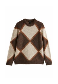 Brown and cream argyle-patterned sweater with a round neckline and long sleeves, made from textured knit fabric.