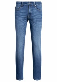 Jeans de mezclilla azul con un diseño de pierna recta, que cuentan con bolsillos frontales y traseros, costuras clásicas y una textura desgastada.
