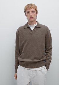 Brown wool sweater with a v-neck and polo collar. Features long sleeves and a ribbed hem. Worn over a white crewneck shirt and light pants.
