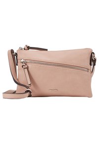 Malá růžová kožená crossbody taška s šikmou přední kapsou na zip a nastavitelným popruhem.