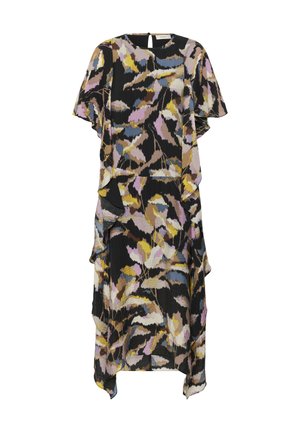 Mustast midi-kleit abstraktse lillemustriga, misel on lilla, kollane, sinine ja beež värv, helendavate varrukate ja kihilise, asümmeetrilise äärisega.