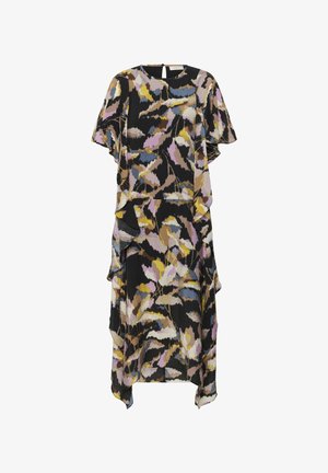 Mustast midi-kleit abstraktse lillemustriga, misel on lilla, kollane, sinine ja beež värv, helendavate varrukate ja kihilise, asümmeetrilise äärisega.
