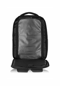 Czarny plecak z siateczkowym wnętrzem. Charakteryzuje się usztywnionym kształtem, podwójnymi zamkami błyskawicznymi oraz wyściełanym dnem dla ochrony laptopa. Nie ma zewnętrznych kieszeni.