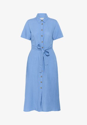 Helles blaues Leinenkleid mit kurzen Ärmeln, Knopfverschluss vorne und einem Taillengürtel. Mit goldfarbigen Knöpfen und einer entspannten, A-Linien-Silhouette.