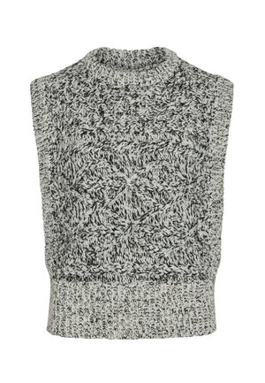 Adīta bezroku džemperis melnā un baltā krāsā, ar fakturētu, rakstainu dizainu un augstu apkakli, ar ribotu apakšmalu.