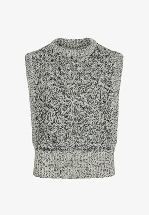 Pleteni prsluk bez rukava u crno-bijeloj boji, s teksturiranim, uzorkovanim dizajnom i visokim vratnim dijelom, s rebrastim donjim rubom.