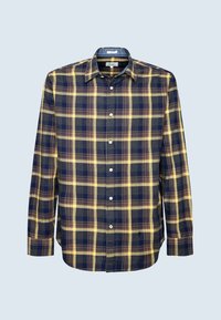 Camicia a quadri in blu navy, giallo e azzurro; collo button-down, maniche lunghe con polsini a bottone, realizzata in tessuto testurizzato.