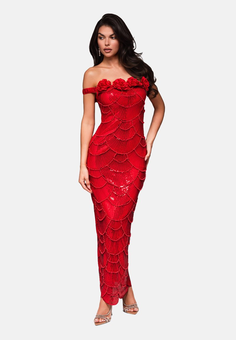 Rotes, schulterfreies Abendkleid mit strukturiertem Pailletten-Design und Rosenakzenten sowie einer figurbetonten Silhouette, die bis zum Boden reicht.