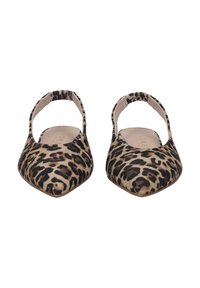 Leopard print pointed-toe flats with ankle strap and soft fabric. Features a tan and black color scheme, stylish silhouette, and smooth texture.