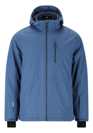 Veste imperméable bleue avec un col haut, une poche poitrine zippée et des poignets réglables. Fabriquée en tissu durable et lisse, sans motifs visibles.