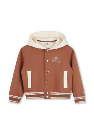 Veste à capuche marron et crème avec boutons-pression, deux poches frontales verticales, poignets rayés et texte "BIE DU CROISSANT" sur la poitrine.