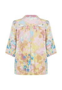 Blusa a maniche corte in giallo chiaro con un motivo astratto multicolore, dotata di un colletto e con vestibilità rilassata.