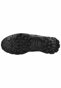 Suola di scarpa nera robusta con profonde scanalature, caratterizzata da motivi a diamante e angolari per aderenza e durata, realizzata in materiale gommoso testurizzato.